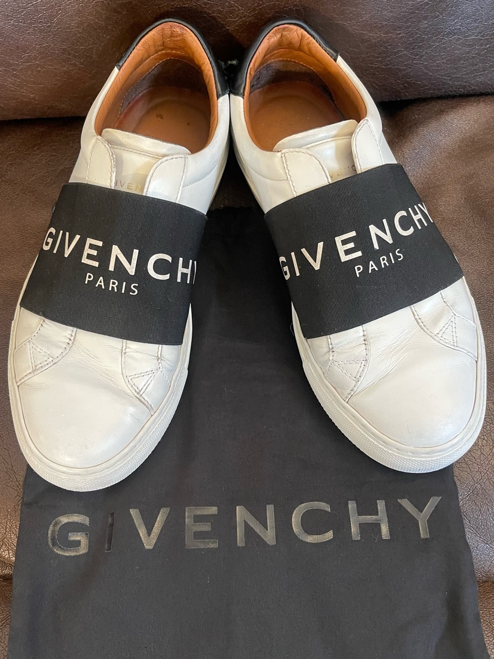 Givenchy White Leather Slip-On Sneakers with Black Logo Strap